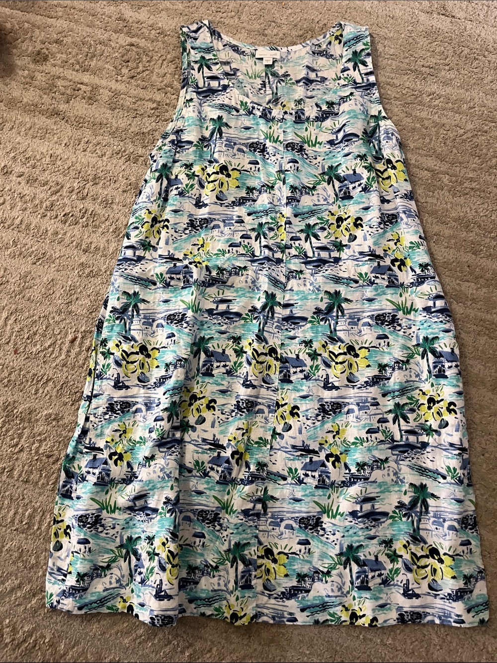 J Jill Linen Sleeveless Scenic Beach Villa Palm Tree Shift Tank Dress Large